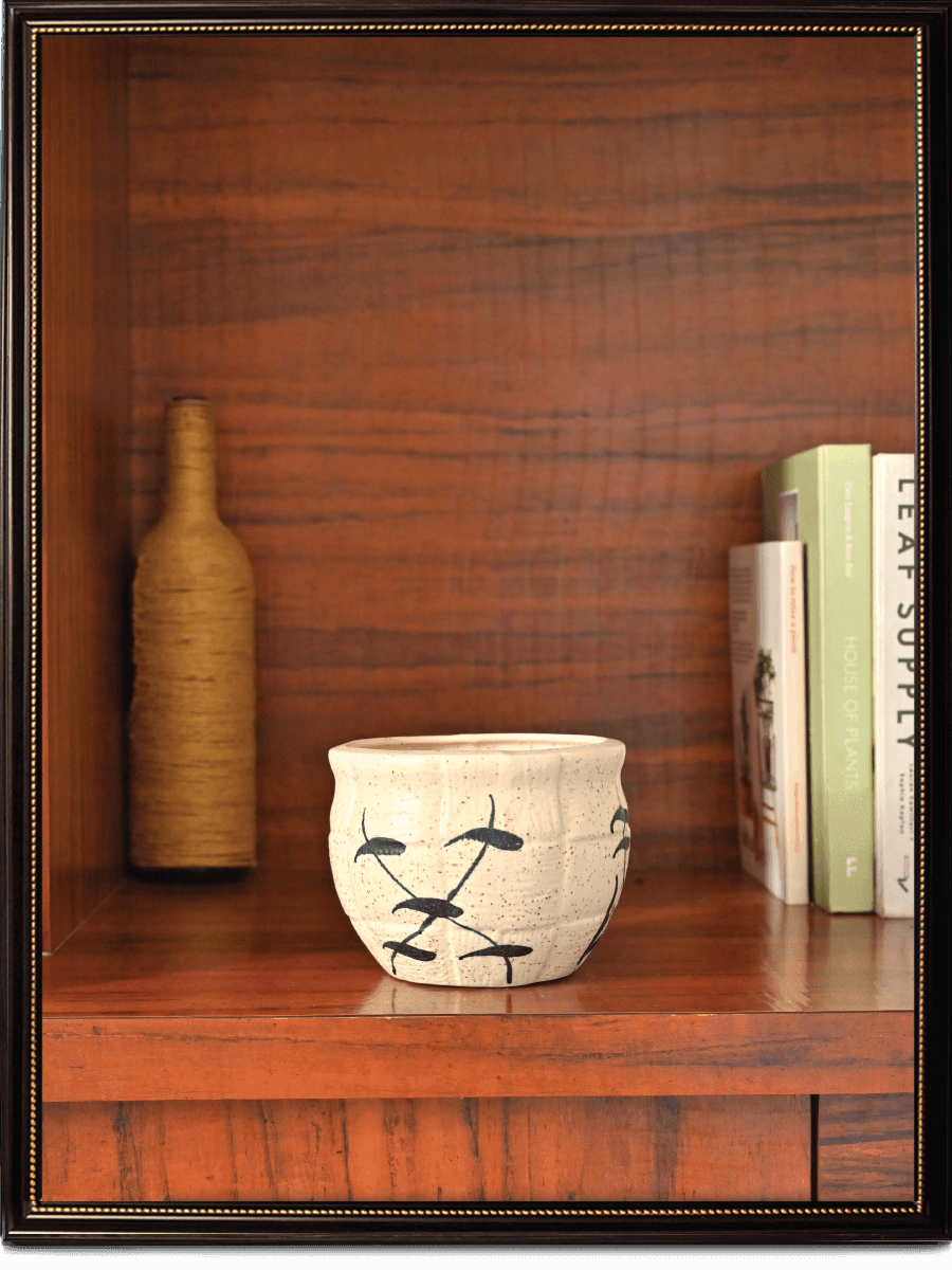 White Ceramic Matka with Leaf Design | Ugaoo