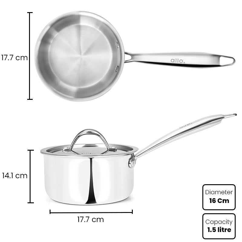Allo Kermedy CookSafe Triply Sauce pan With Stainless Steel Lid |Non Toxic | 1L, 1.5L, 2.3L, 3.3L