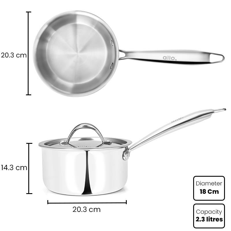 Allo Kermedy CookSafe Triply Sauce pan With Stainless Steel Lid |Non Toxic | 1L, 1.5L, 2.3L, 3.3L
