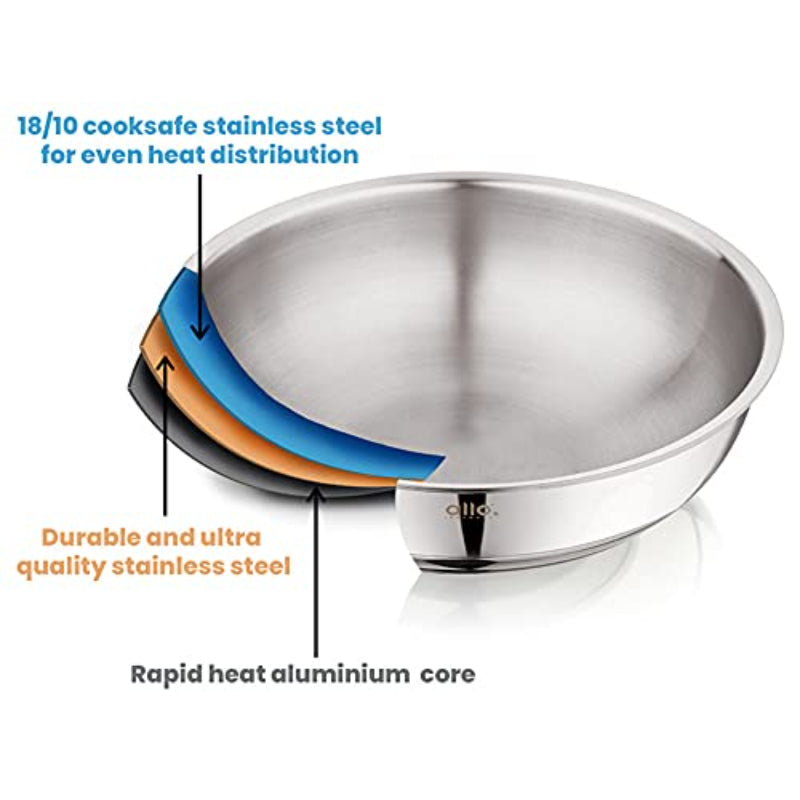 Allo Aria CookSafe Triply Stainless Steel Kadhai With Lid & Frypan |Non Stick | Set Of 2