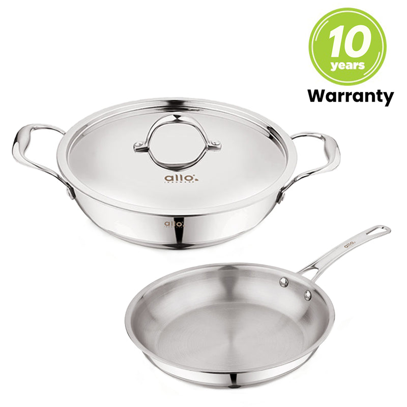 Allo Aria CookSafe Triply Stainless Steel Kadhai With Lid & Frypan |Non Stick | Set Of 2