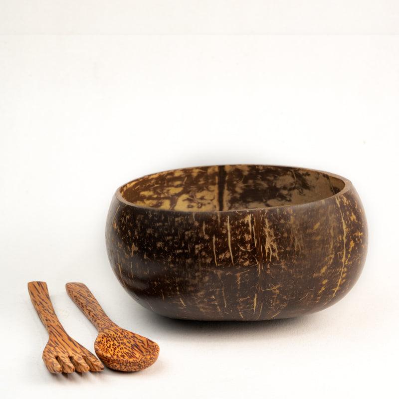 Artisan Jumbo Polished Coconut Bowl & Spoon & Fork Set | Set Of 3