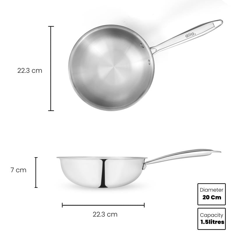 Allo Dallas CookSafe Triply Stainless Steel  Wok  |Non Toxic | 1.2L, 1.5L, 2L, 2.7L, 3.7L, 4.5L