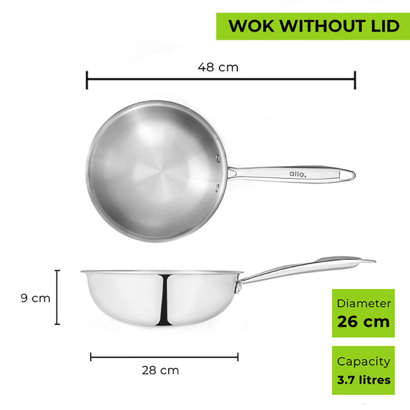 Allo Dallas CookSafe Triply Stainless Steel  Wok  |Non Toxic | 1.2L, 1.5L, 2L, 2.7L, 3.7L, 4.5L