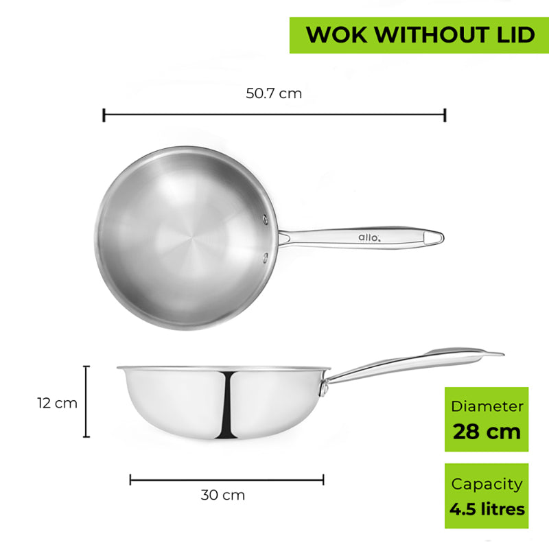 Allo Dallas CookSafe Triply Stainless Steel  Wok  |Non Toxic | 1.2L, 1.5L, 2L, 2.7L, 3.7L, 4.5L