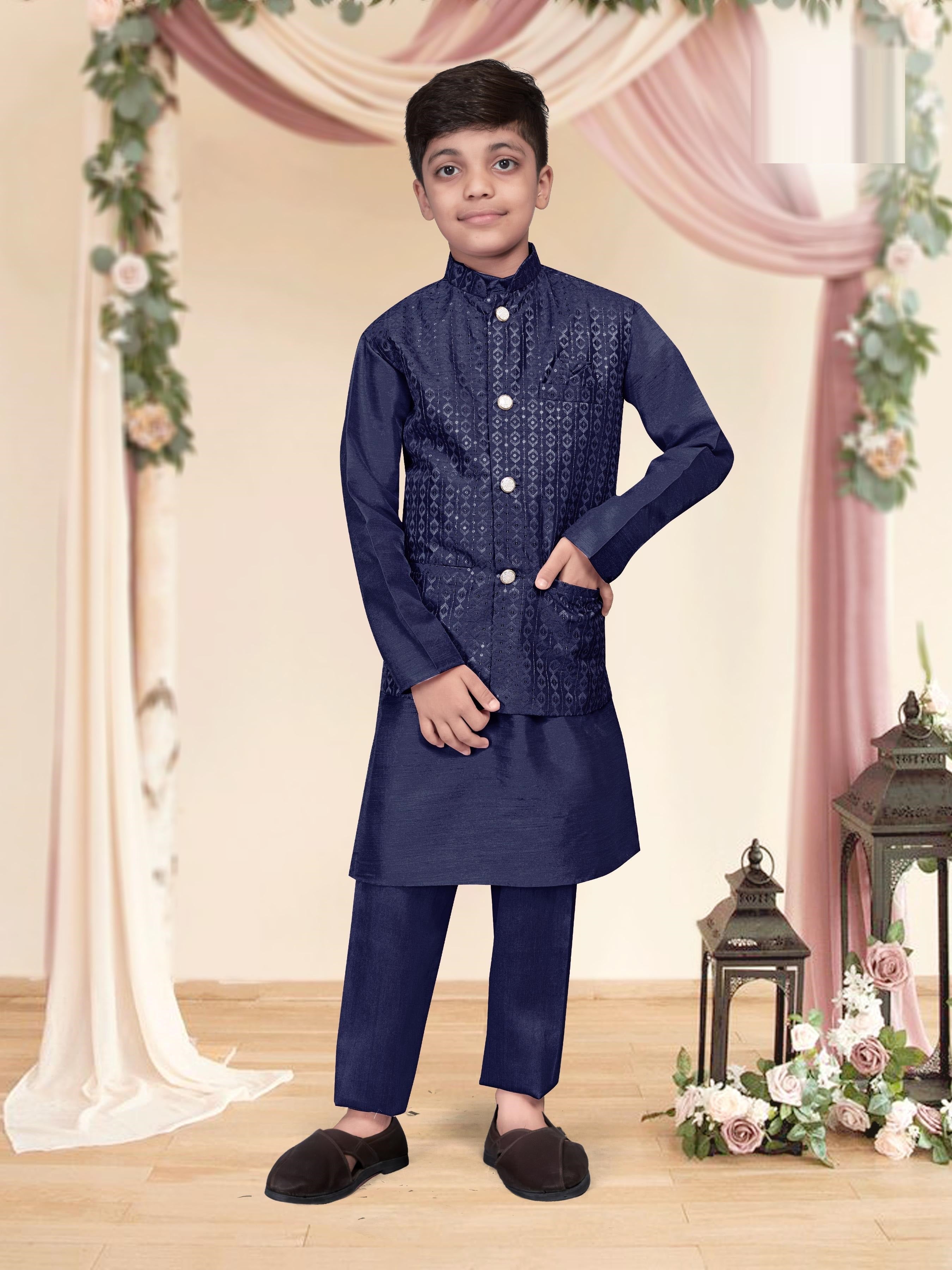 Heavy Banglori Silk With Embroidery Sequins Work Kurta Koti Pajama Set