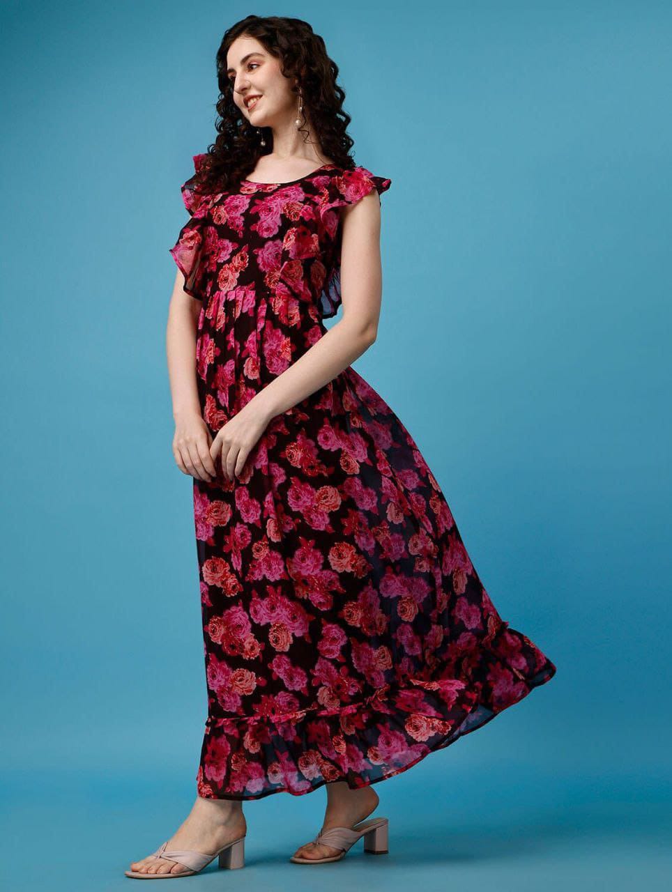 Stylish Beautiful Georgette Printed Long Flared Dress Gown