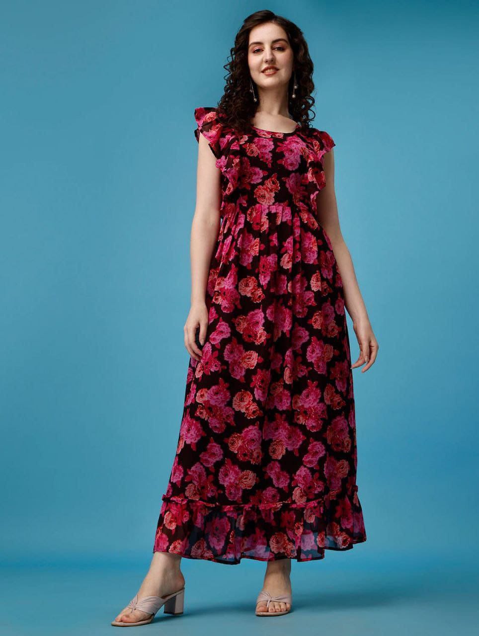 Stylish Beautiful Georgette Printed Long Flared Dress Gown