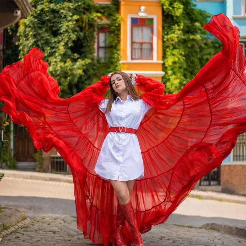 Boho Sheer Long Shrug for Women, Flowy Ruffle Kimono, Beach Cover Up, Photoshoot Outfit
