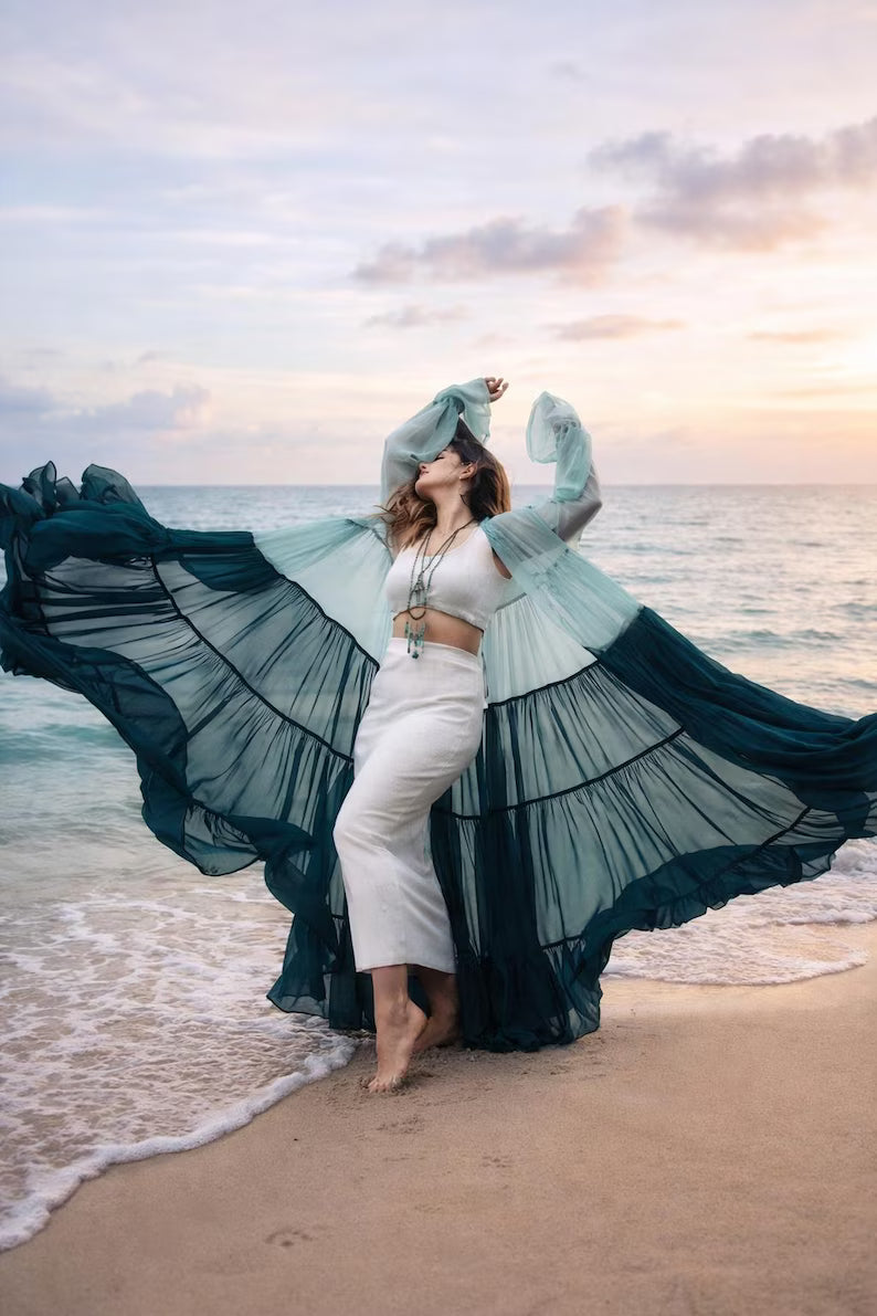 Flowy Flying Shrug Women, Long Georgette Kimono Robe, Festival Outfit, Summer Resort Wear