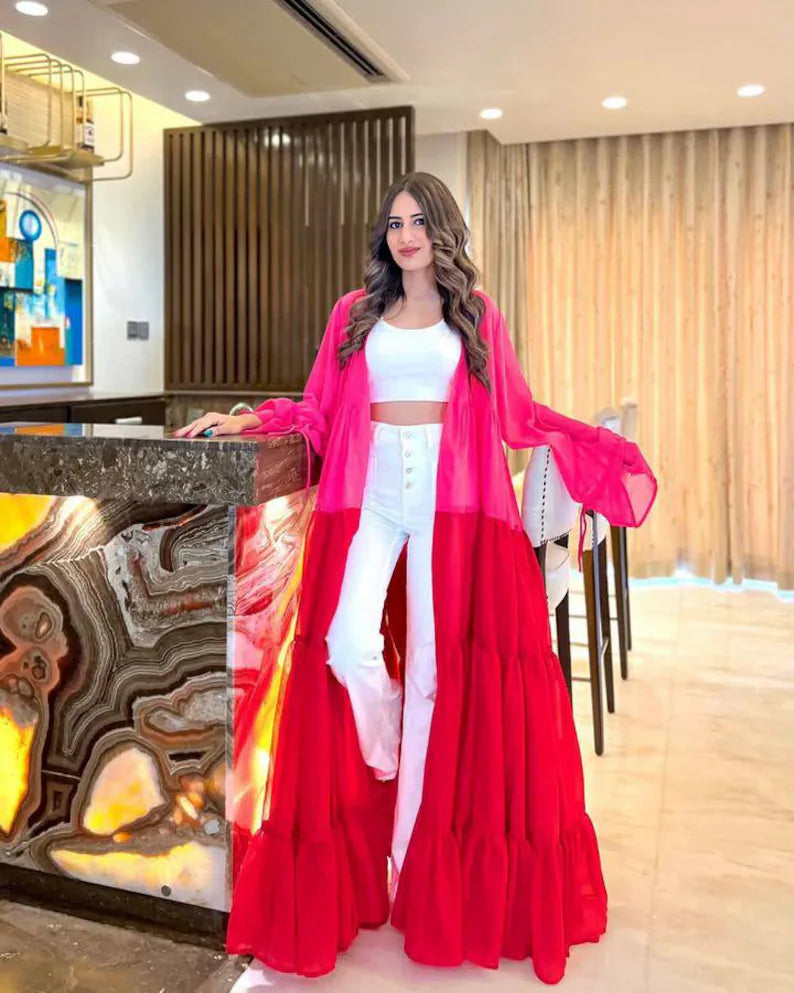 Flowy Flying Shrug Women, Long Georgette Kimono Robe, Festival Outfit, Summer Resort Wear
