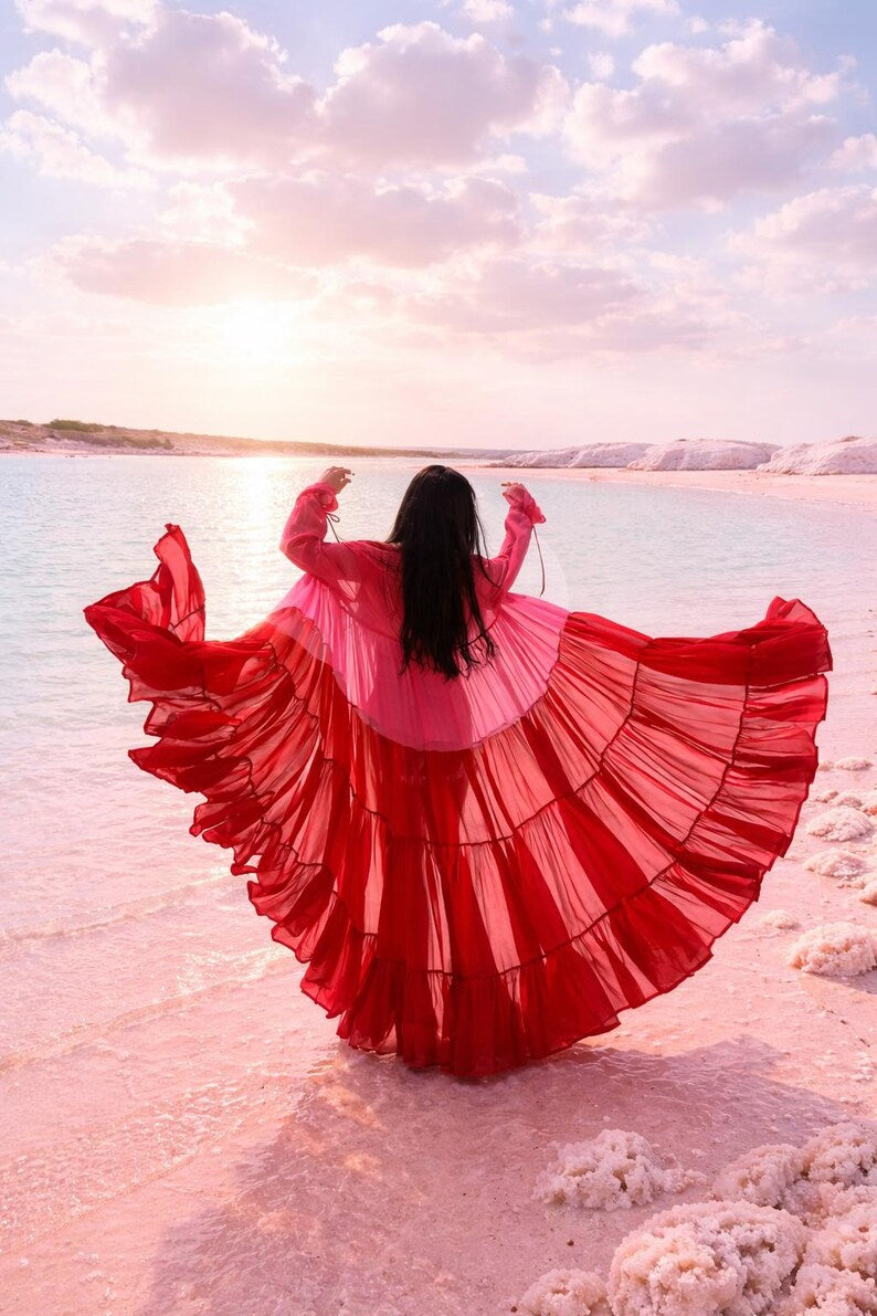 Flowy Flying Shrug Women, Long Georgette Kimono Robe, Festival Outfit, Summer Resort Wear