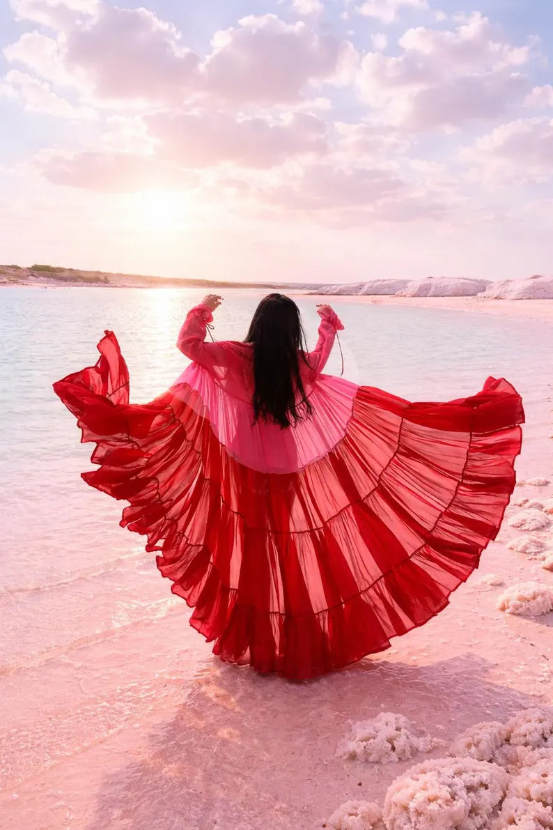 Sheer Ruffle Kimono Shrug, Long Boho Cape for Women, Beachwear Cover Up, Vacation Outfit