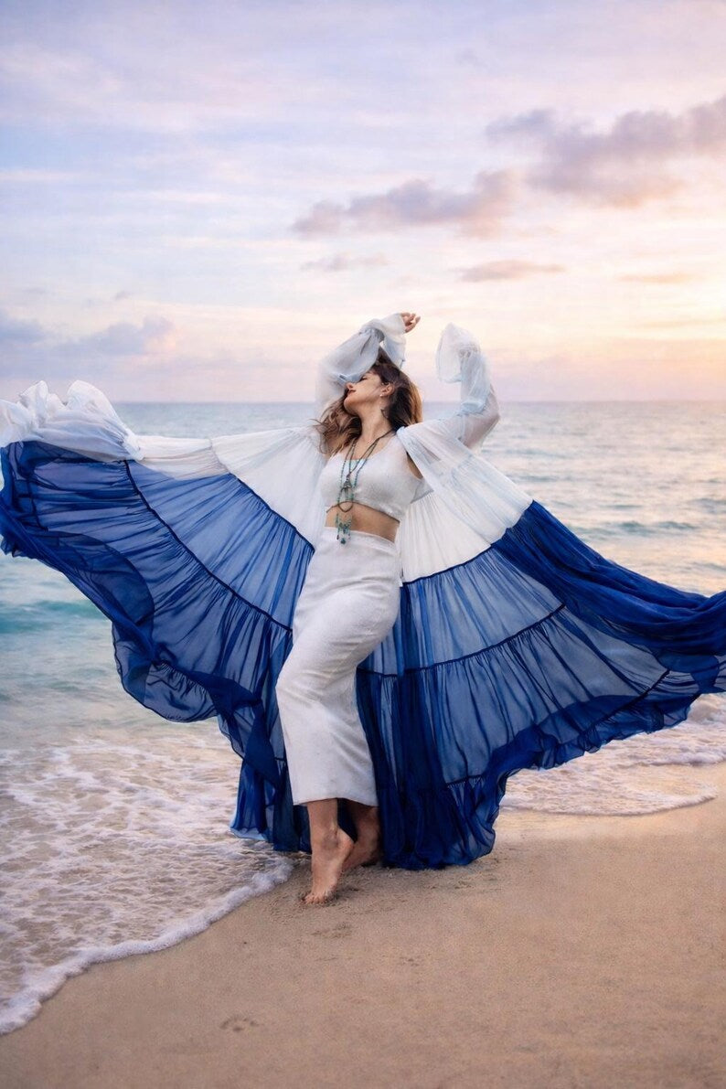 Flowy Flying Shrug Women, Long Georgette Kimono Robe, Festival Outfit, Summer Resort Wear