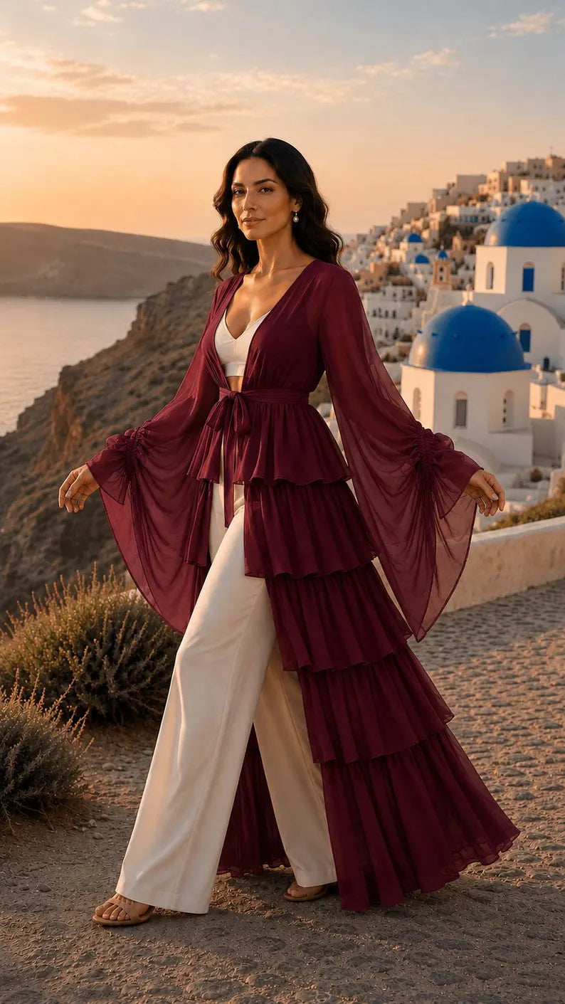 5 Layer Convertible Shrug, Burgundy Layered Cape, Elegant Wedding Cover Up(V)