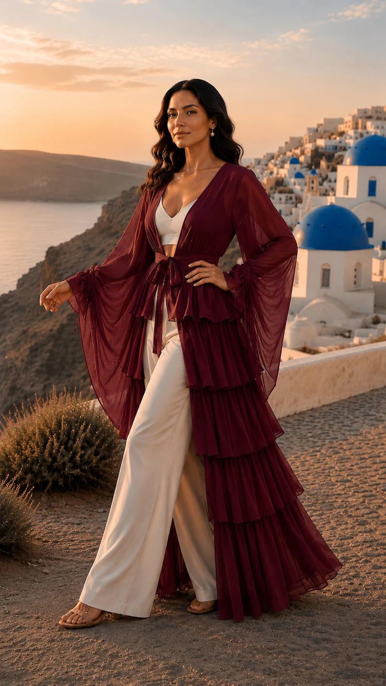 5 Layer Convertible Shrug, Burgundy Layered Cape, Elegant Wedding Cover Up(V)