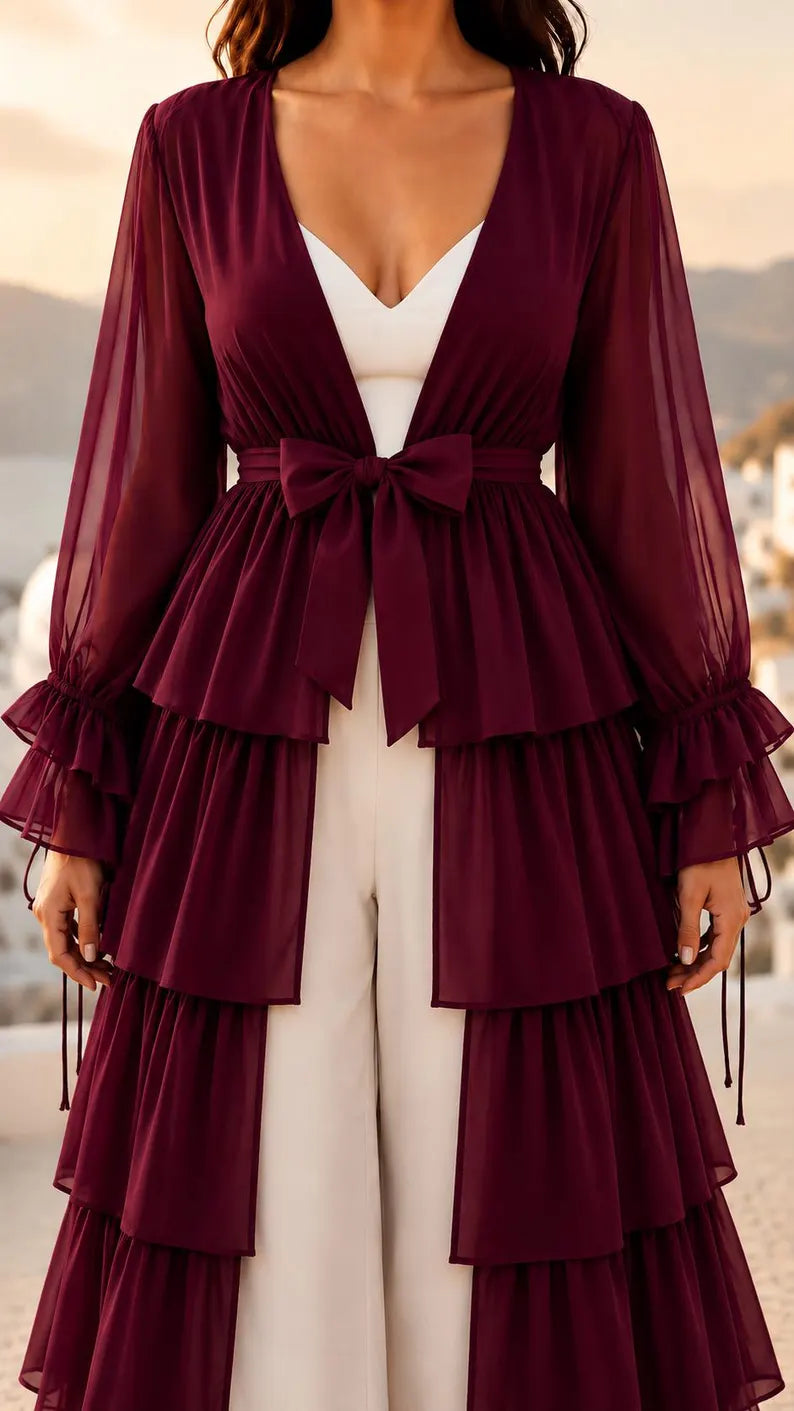 5 Layer Convertible Shrug, Burgundy Layered Cape, Elegant Wedding Cover Up(V)