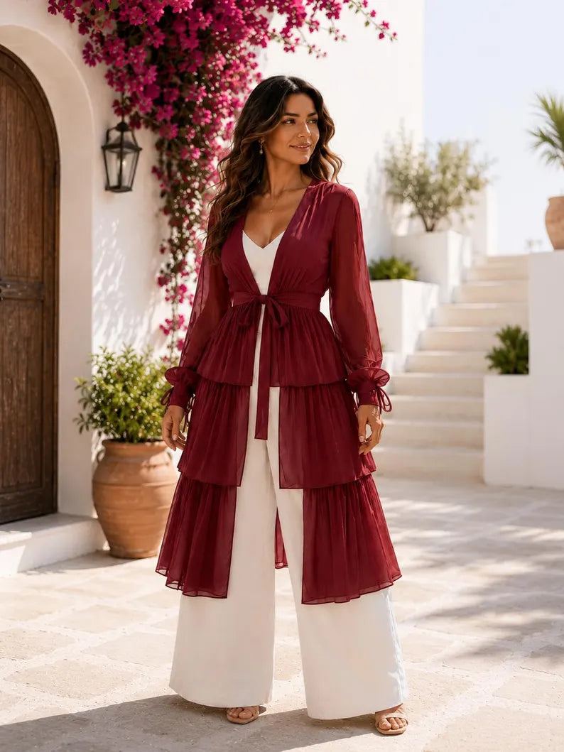 5 Layer Convertible Shrug, Burgundy Layered Cape, Elegant Wedding Cover Up(V)