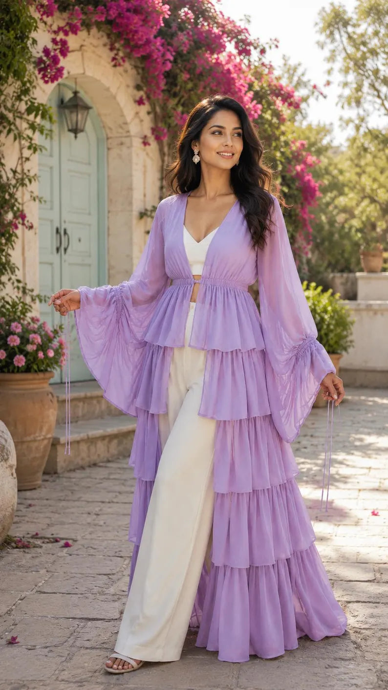 Women's 5 Layer Sheer Shrug  Lavender Cover Up Kimono Bridal & Party Overlay(V)