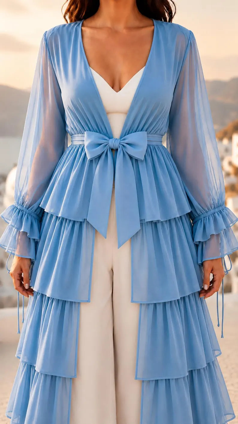 Convertible Flying Dress Shrug, Sky Blue 5 Layer Cape,  Resort Wear(V)