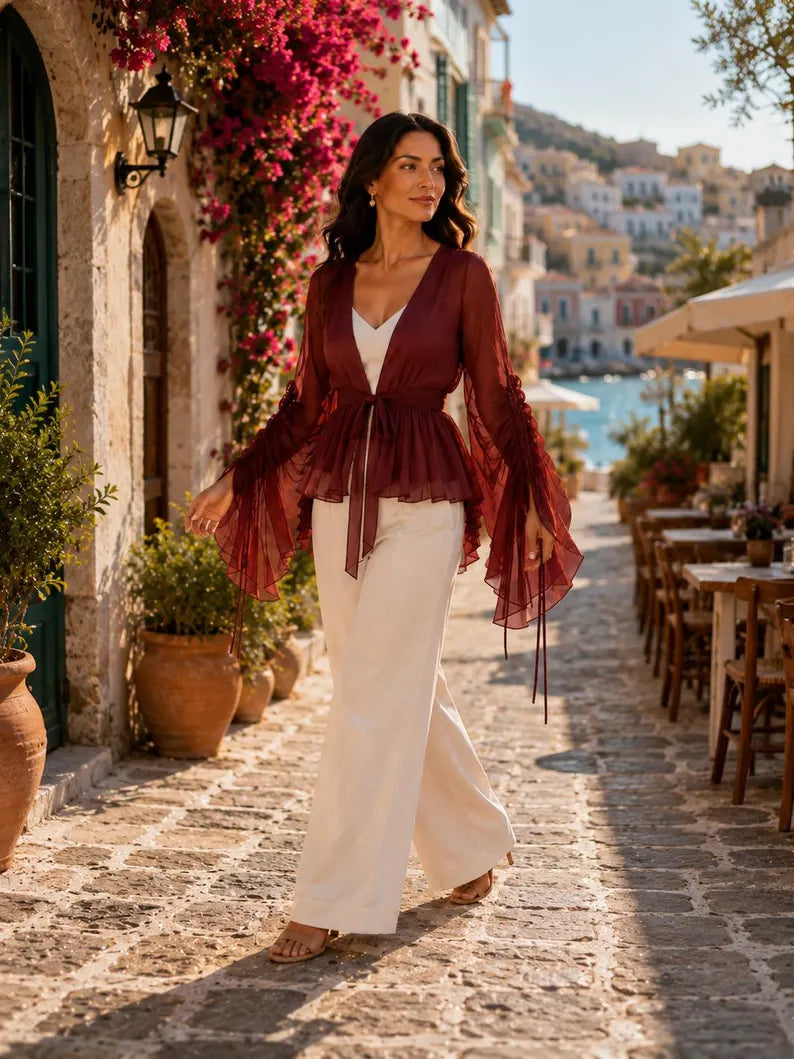 5 Layer Convertible Shrug, Burgundy Layered Cape, Elegant Wedding Cover Up(V)