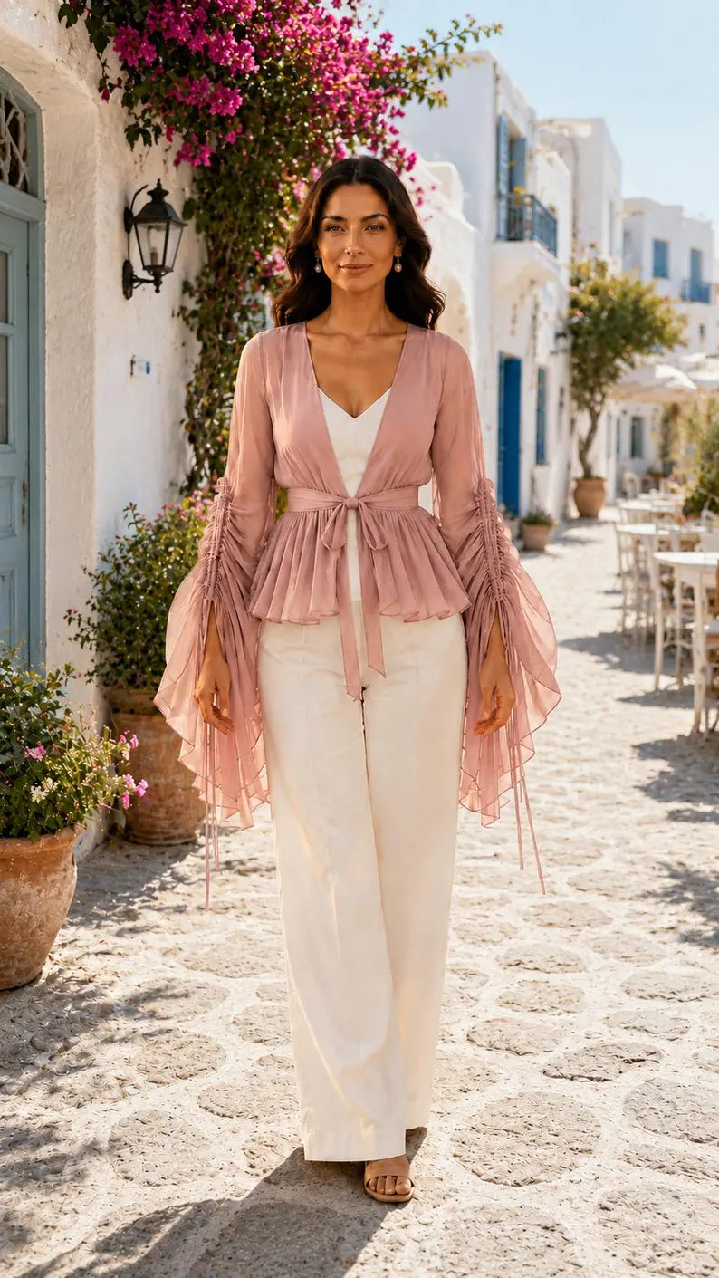 Dusty Pink 5 Layer Detachable Shrug, Convertible Flying Dress Overlay, Open Front Layered Cape, Wedding Bridal Cover Up(V)