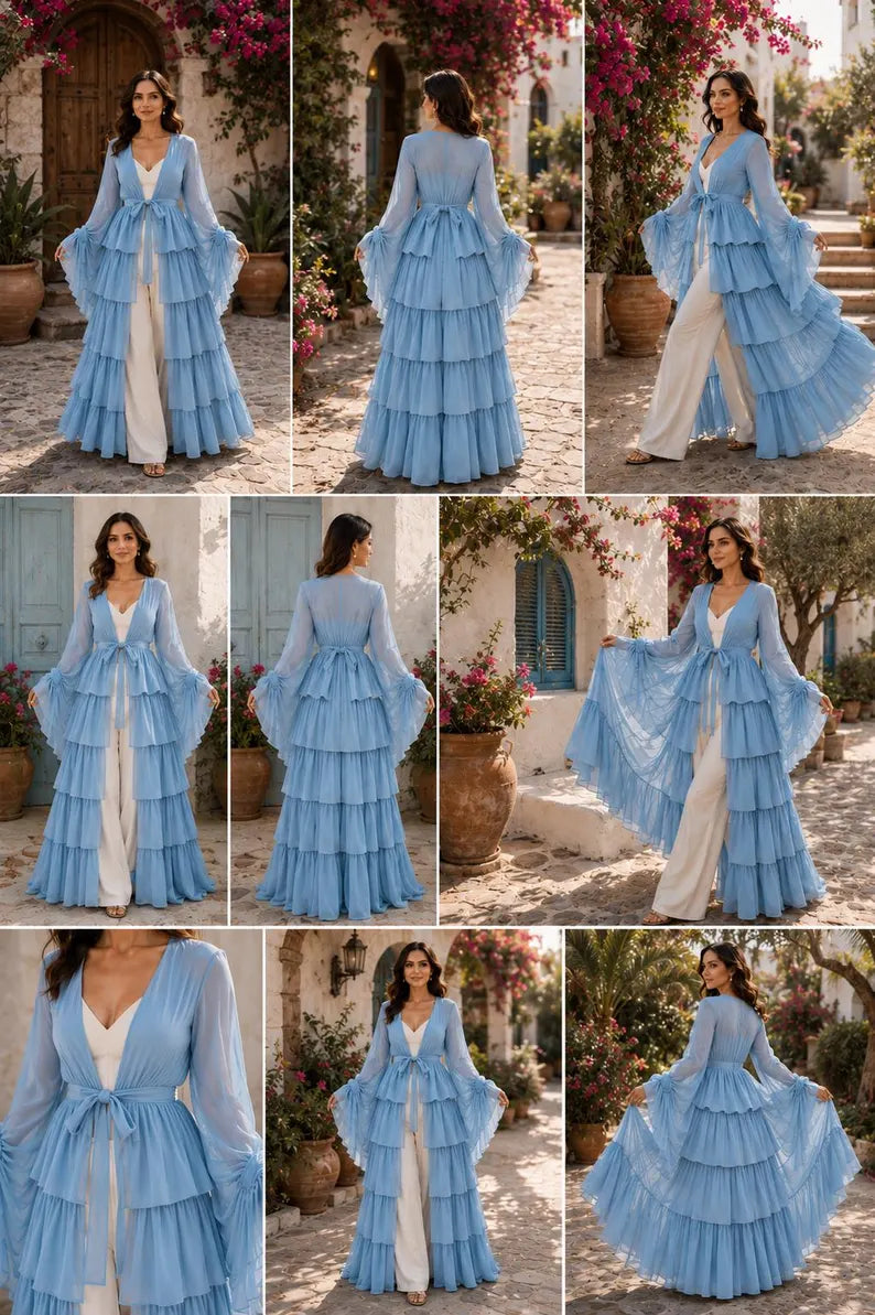 Convertible Flying Dress Shrug, Sky Blue 5 Layer Cape,  Resort Wear(V)