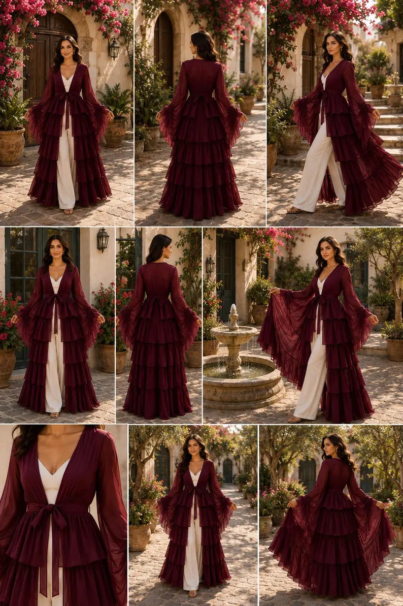 5 Layer Convertible Shrug, Burgundy Layered Cape, Elegant Wedding Cover Up(V)