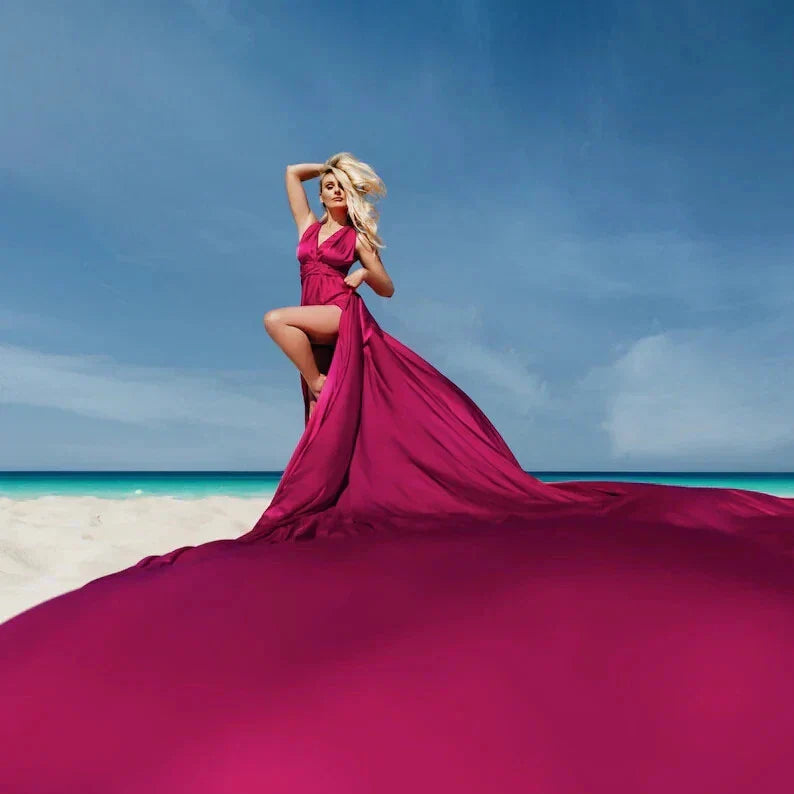 Long Fuchsia Satin Flying Dress – Multiway Floor-Length Gown for Photoshoots & Events