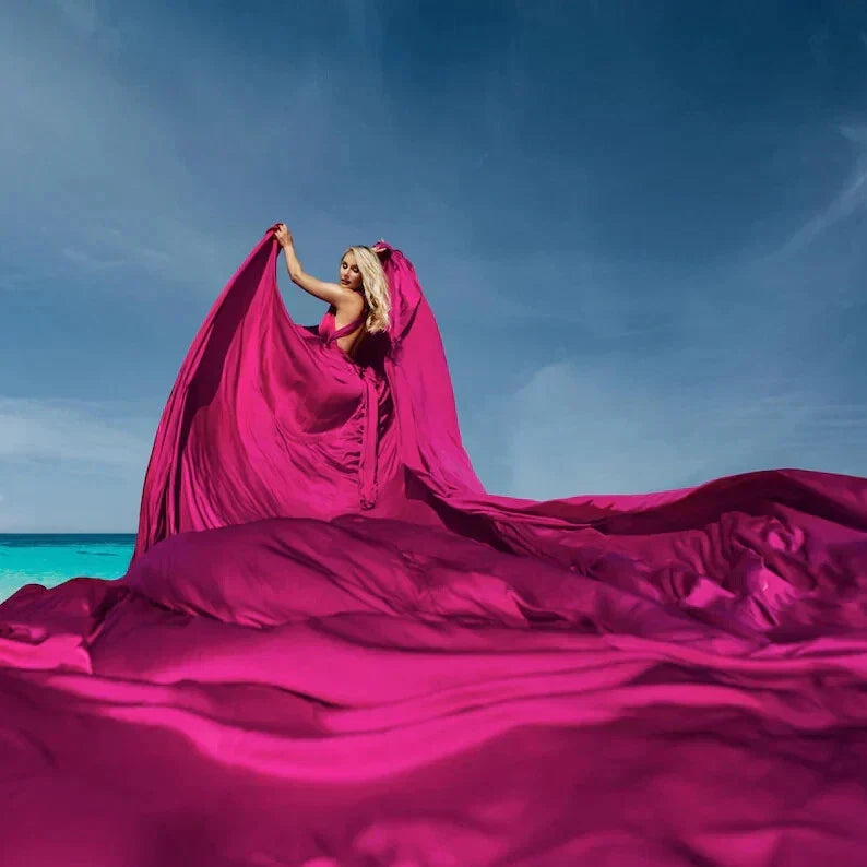 Long Fuchsia Satin Flying Dress – Multiway Floor-Length Gown for Photoshoots & Events