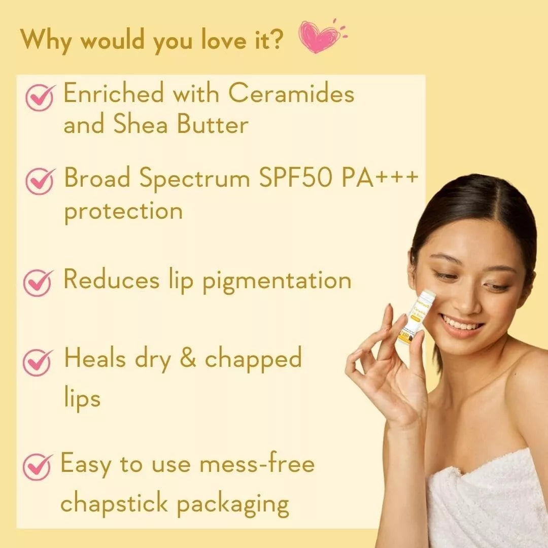 WishCare Ceramide Lip Balm with SPF50 PA++ – Moisturizing & Lightening Formula with Kojic Acid (5g)
